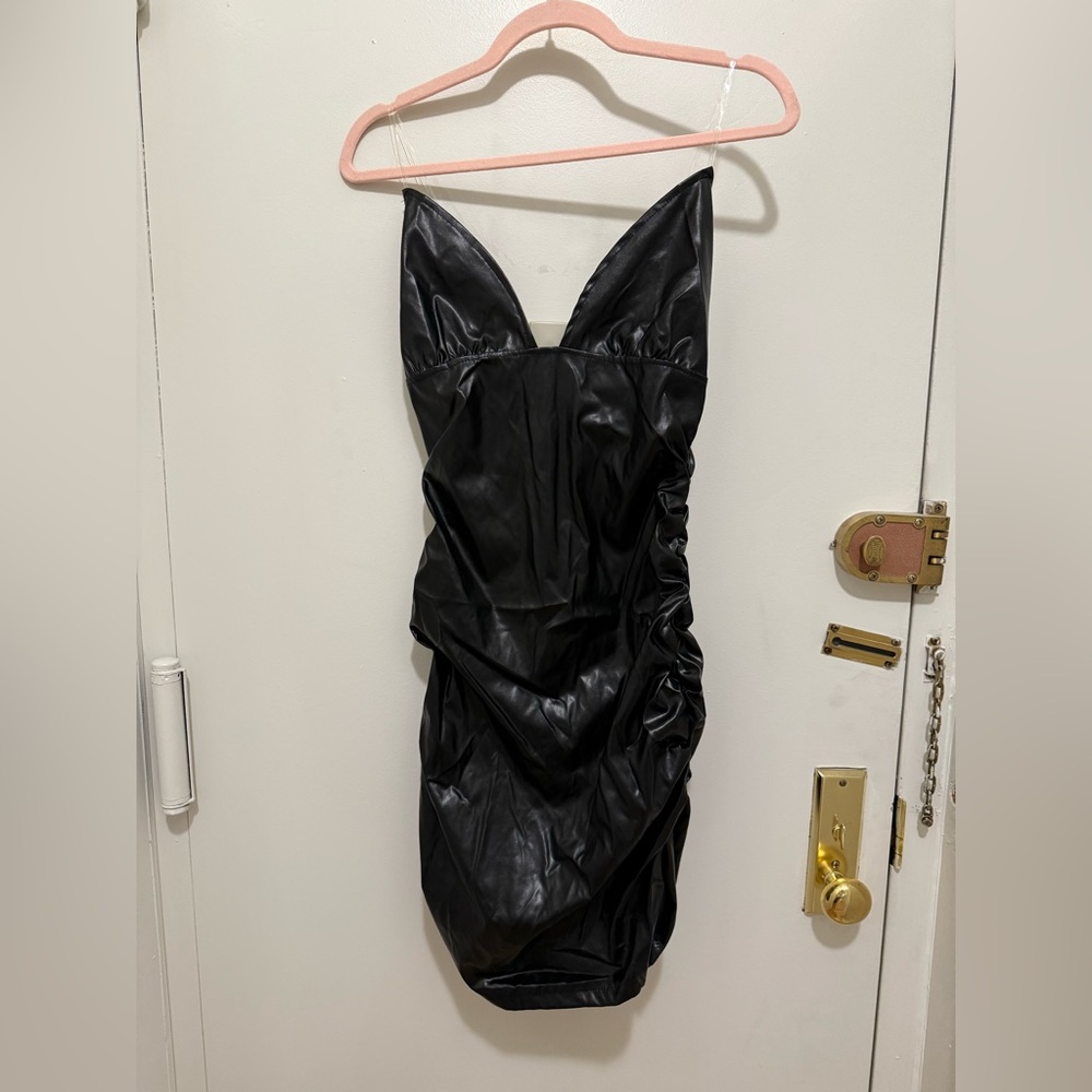 Black Bodycon faux leather Mini Dress Sweetheart Neckline